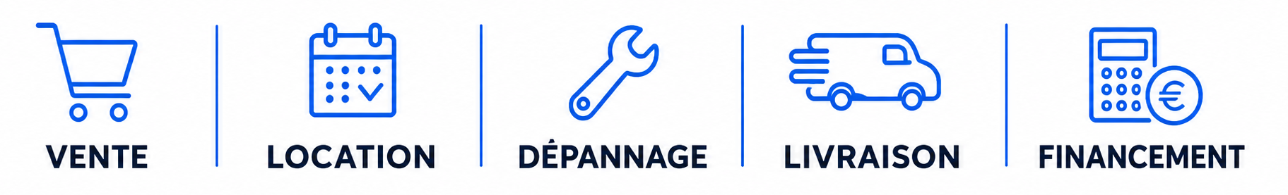 Vente · Location · Dépannage · Livraison · Financement